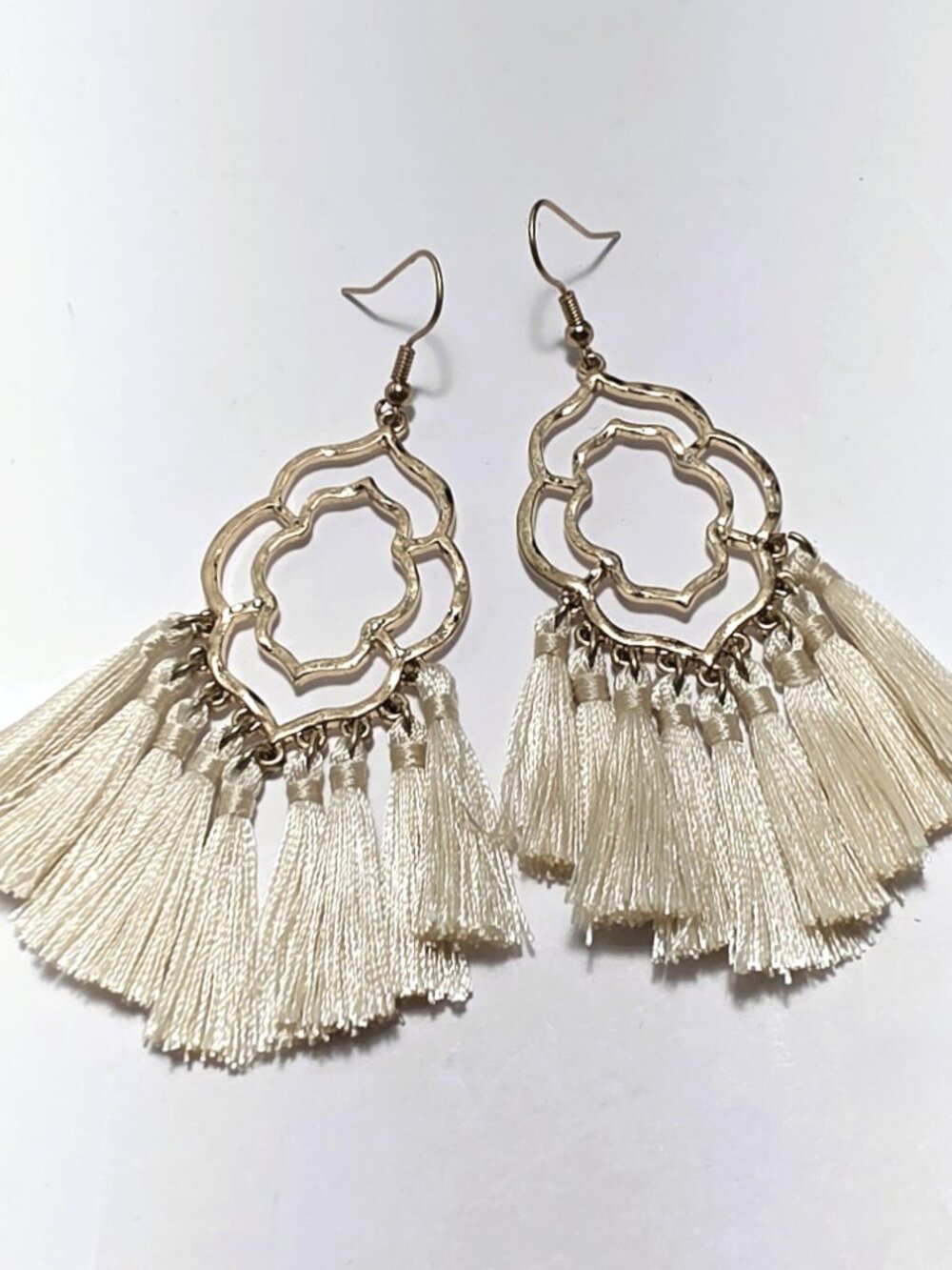 Boho Gold Filigree Cream Tassel Statement Earrings